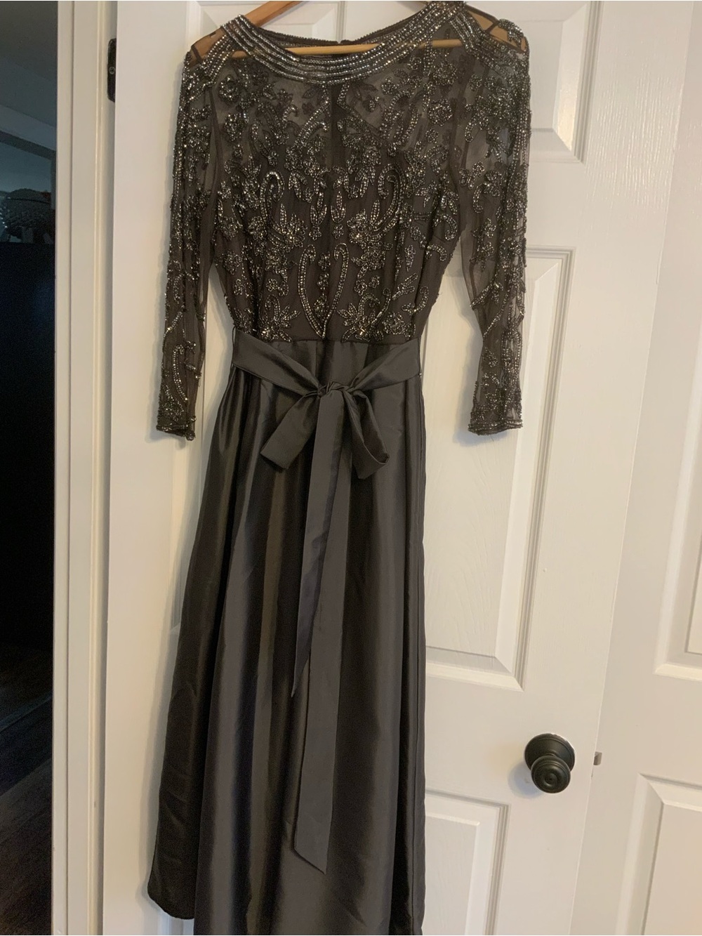 Embellished dark purplish brown  mother of bride Dress with Satin Waist Tie